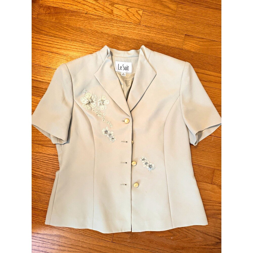 Le Suit Women’s Size 14 Blue Floral Short Sleeve Notch Lapel 4-Button Blazer Y2K